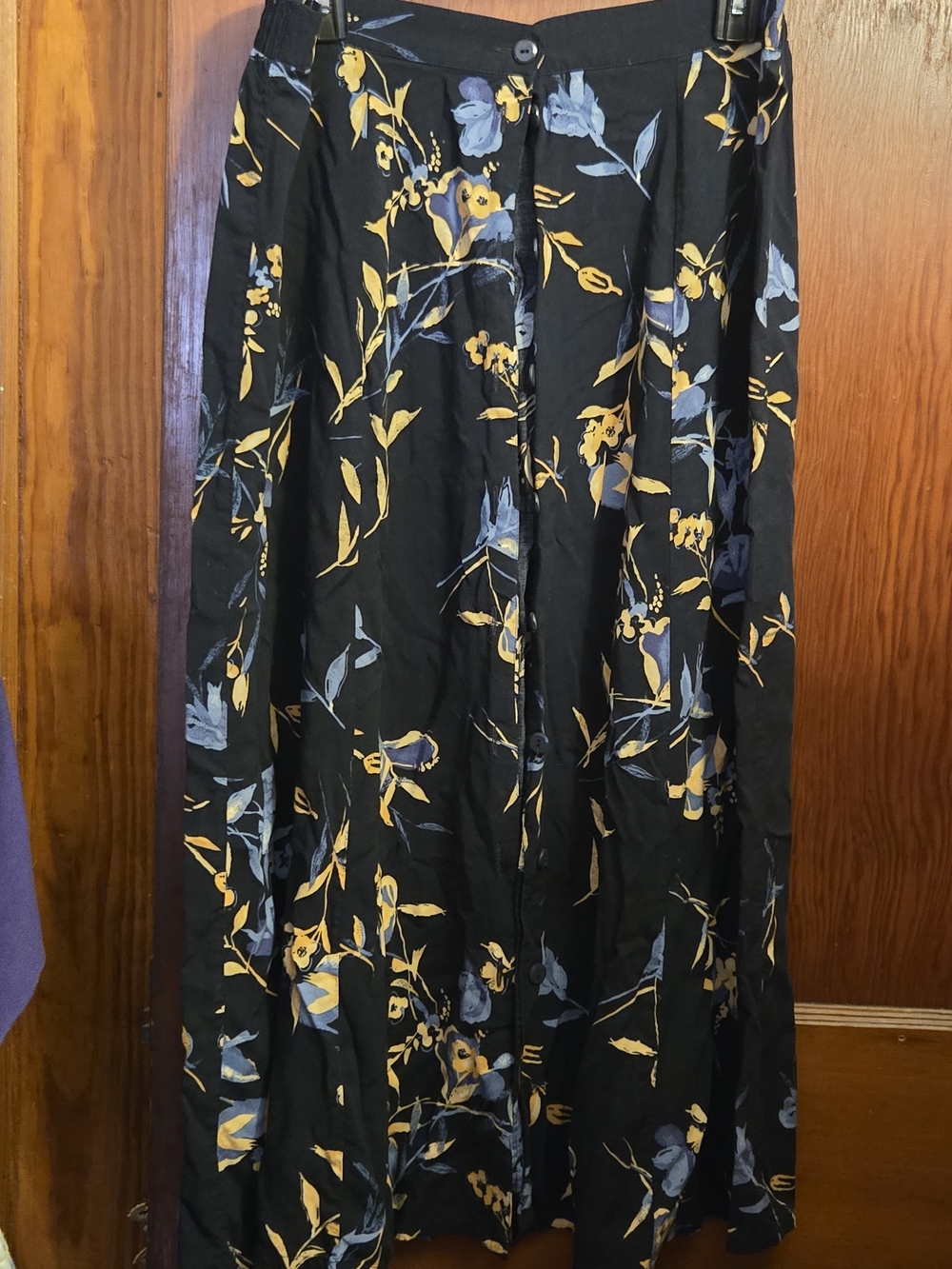 Sag Harbor Navy A-Line Midi Skirt with Blue and Yellow Floral Motif